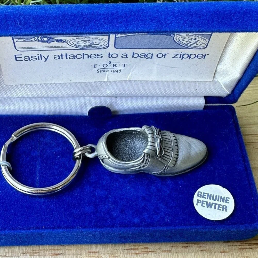 VTG 1980s Fort Golf Shoe‎ Charm 3 Inch Key Ring Sports Solid Pewter Metal New